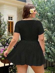SHEIN EZwear Plus Size Women Beach Vacation Outfits,Plain Color Short Sleeve Casual Jumpsuit, Everyday Wear,Spring Summer Clothes - Black - View 2