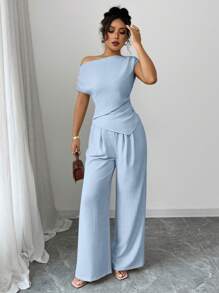 Elenzga Women Spring Summer Vacation Elegant Cold Shoulder Sleeveless Asymmetrical Hem Fitted Top And Loose Straight Leg Pants 2 Pieces Set, Versatile - Blue - View 3