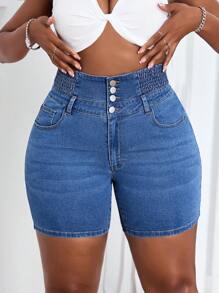 SHEIN SXY Quần short denim bó cạp cao co giãn cỡ lớn - Rửa tối - Xem 6
