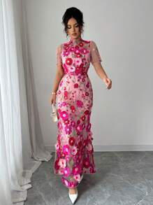 Selianne 女士度假短袖花卉刺绣连衣裙