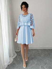 Elenzga Women's Round Neck Solid Color Elegant Chiffon Dress With Shawl - Blue - View 4