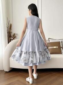 Tween Girls' Elegant & Comfortable Round Neck Sleeveless Woven Princess Dress - Blue - View 7