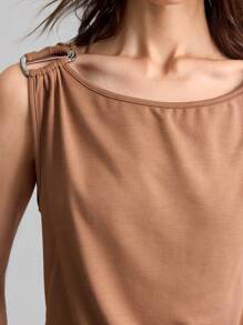 Ontre Women's Elegant Coffee Brown Lyocell Sleeveless Top,Summer Date Night Backless Urban Style Flap Collar Metal Decor Music Festival 2025 New Style - Brown - View 4