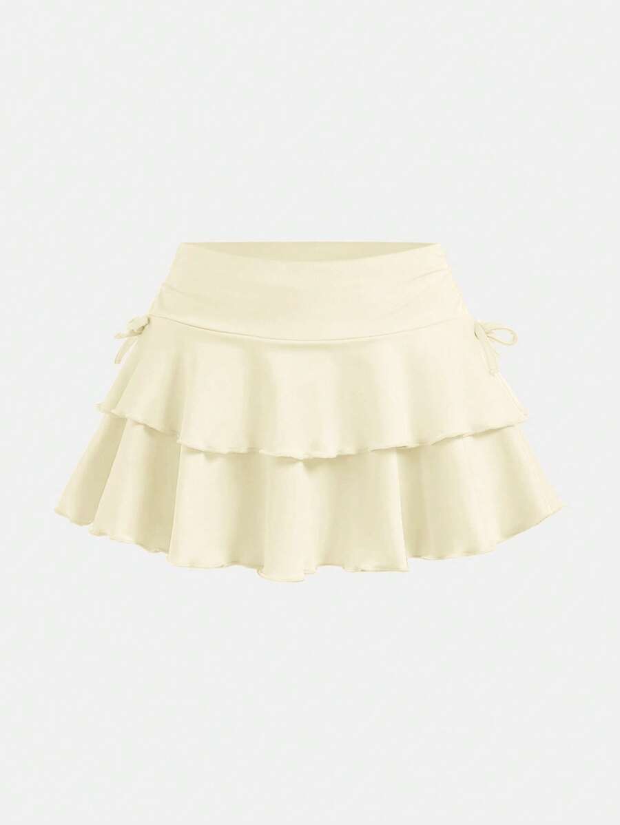SHEIN Girlism Tween Girl Casual Knit Solid Color Drawstring Waist Pleated Hem Skirt - Beige - View 1