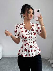 Elenzga Blusa de manga corta elegante con estampado de rosas, cuello con adorno de encaje, para uso diario y para ir al trabajo - Multicolor - Ver 5