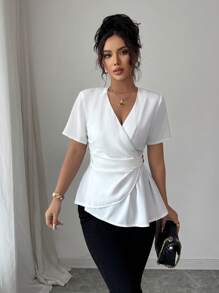 Elenzga 女式夏季休闲/工作纯色裹身不对称下摆衬衫 - 白色 - 查看 3