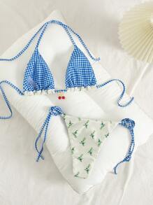 SHEIN Swim 2件套夏日假期女神核心早午餐全身印花蓝色格子碎花双面比基尼套装 - 藍色 - 查看 6