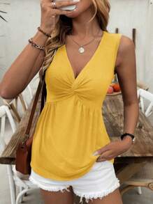 EMERY ROSE Top sin mangas casual de verano para mujer con cuello en V, plisado delantero y retorcido - Amarillo - Ver 5