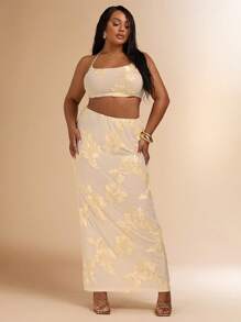 SHEIN BAE مجموعة قطعتين أنيقة بطبعة الفهد والزهور للمرأة ذات المقاسات الكبيرة، مناسبة لمهرجانات الموسيقى والرحلات الصيفية