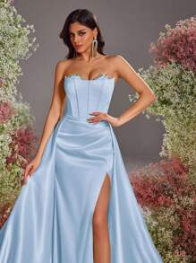 Glamrae Elegant Romantic Sexy Satin Strapless Backless High Slit Fishtail Formal Evening Gown, Party Dress, For Wedding Guest