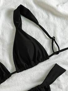 Swim Vcay Summer Beach Women's Solid Color Pleated Sexy Bikini Set For Holiday, Two-Piece - Black - View 6