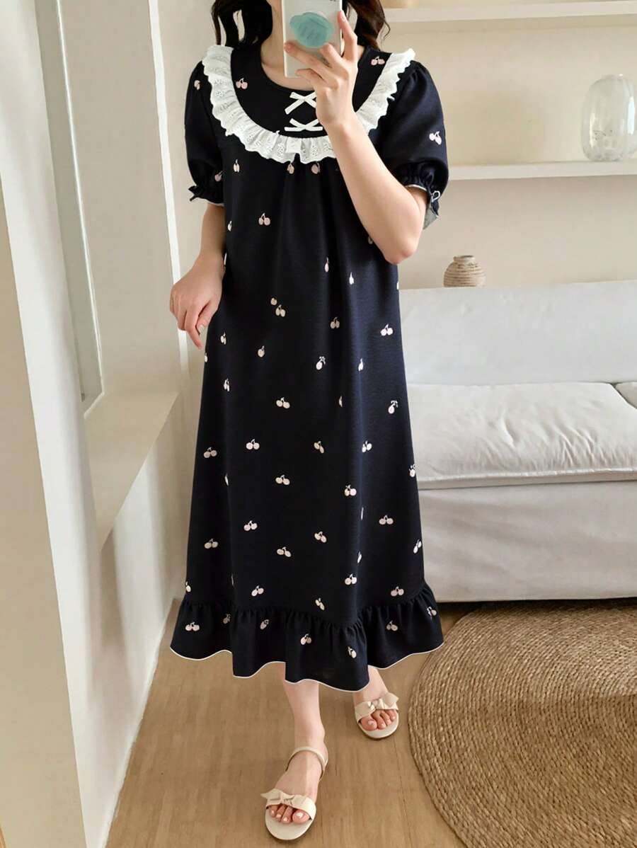 SHEIN Teen Girl White Bow Ruffle Hem Pink Cherry Bubble Short Sleeve Long Nightgown Sleepwear Bow Summer Clothes Graduation Gift Ballerina Clothes Girls Dresses - Black - View 1