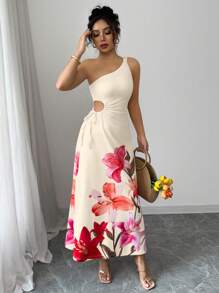 Elenzga 女士时尚度假单肩无袖收腰镂空设计百合花印花连衣裙，春夏