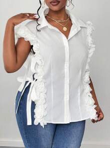 Plus Size Woven Elegant Romantic Vacation Lace Sleeveless Shirt - White - View 7