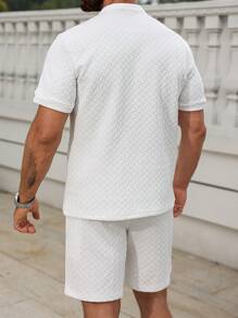 Manfinity Homme Men's White Summer Casual 2 Pieces Outfits Jacquard Trapezoidal Pattern Stand Collar Short Sleeve POLO Shirt & Drawstring Shorts Set,Vacation Holiday - White - View 2