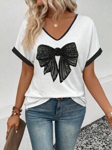 INAWLY Damen Sommer V-Ausschnitt Farbblock Schleife Muster Kurzarm T-Shirt