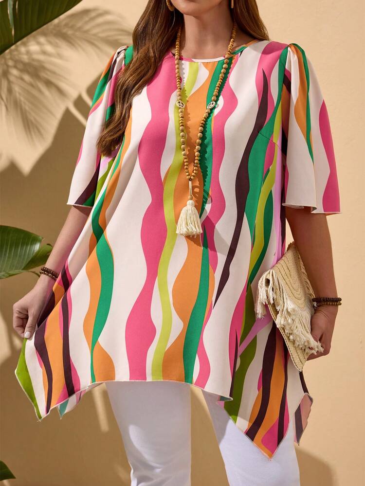 Plus Size Round Neck Asymmetric Hem Full Print Casual Blouse, Going Out Tops, Mother's Day, Simple And Fashion Style, Suitable For Summer, Vacation