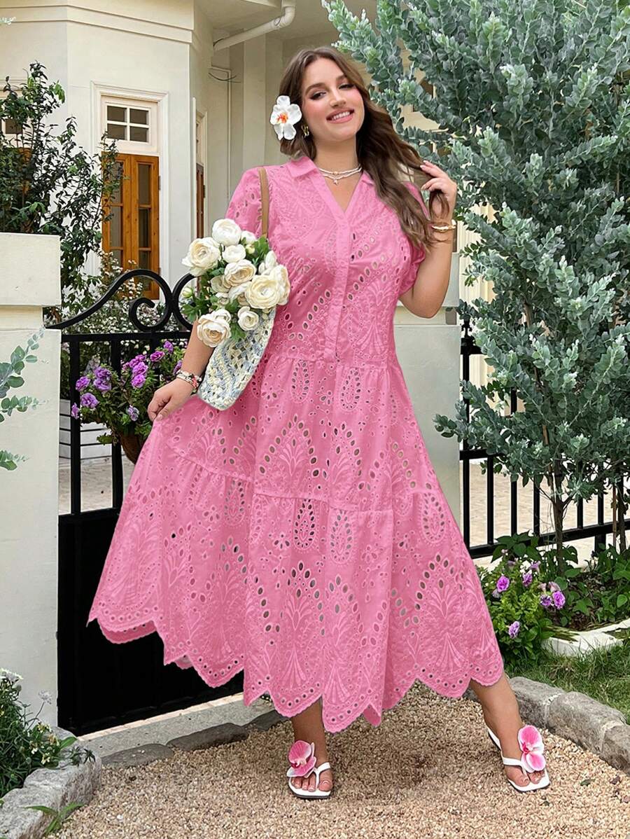 SHEIN EZwear Vestido fucsia bordado con diseño calado para talla grande - Rosa Fucsia - Ver 1