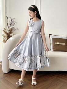 Tween Girls' Elegant & Comfortable Round Neck Sleeveless Woven Princess Dress - Blue - View 3