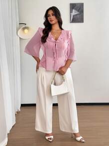 SHEIN Clasi Plus Size Sexy Bowknot Casual Going Out Blouse - Pink - View 6