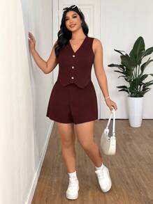 SHEIN EZwear Conjunto de chaleco y pantalones cortos de talla grande de unicolor para uso casual y de viaje, para primavera/verano