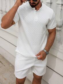 Manfinity Homme Men's White Summer Casual 2 Pieces Outfits Jacquard Trapezoidal Pattern Stand Collar Short Sleeve POLO Shirt & Drawstring Shorts Set,Vacation Holiday - White - View 3