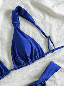 SHEIN Swim Bộ bikini màu trơn dành cho nữ với áo ngực và đồ bơi cho kỳ nghỉ - Xanh đậm - Xem 3