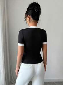 Elenzga Conjunto de punto de verano con cuello redondo trenzado, manga corta, casual - Negro - Ver 2