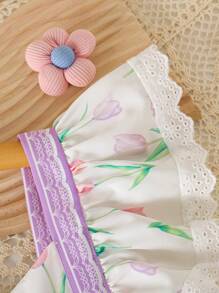 年轻女孩可爱郁金香印花盖袖蝴蝶结装饰蓬松连衣裙，碎花公主裙，春夏新品