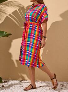 EMERY ROSE Vestido informal de verano talla grande con mangas cortas, botones delanteros y estampado a cuadros para vacaciones - Multicolor - Ver 6