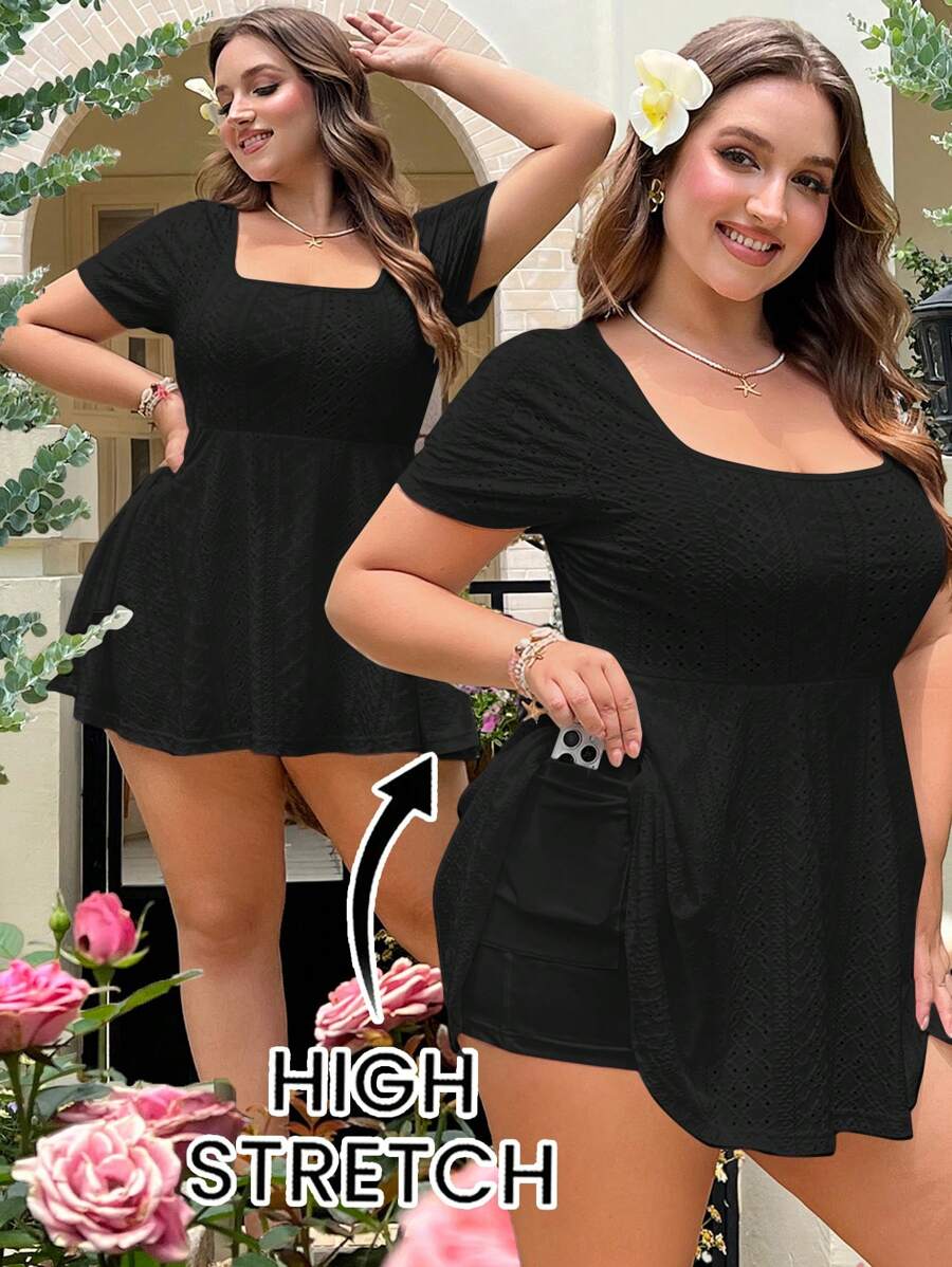 SHEIN EZwear Plus Size Women Beach Vacation Outfits,Plain Color Short Sleeve Casual Jumpsuit, Everyday Wear,Spring Summer Clothes - Black - View 1