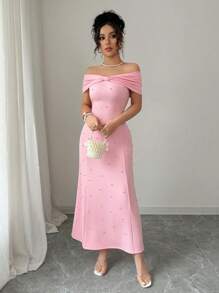 Elenzga Abito elegante da donna con spalle scoperte, fiocco e decorazione in perle sintetiche