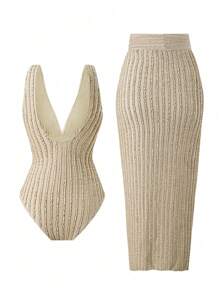 Swim Oasis 2pcs/Set 2025 New Textured Fabric Women Swimsuit, V-Neck Sleeveless Backless One-Piece Swimsuit And High Split Bowknot Strap Beach Vacation Swimwear For Summer - Khaki - View 2