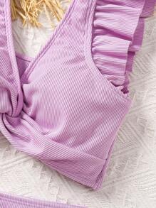 SHEIN Conjunto de bikini con cuello en V y volantes de color liso para niñas preadolescentes