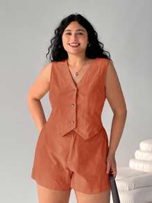 Solflare Conjunto de 2 piezas talla grande, chaleco naranja y pantalones cortos, estilo de resort, primavera/verano