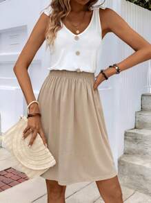 SHEIN Tall Summer Casual Color Blocking Button Decorated Waist Wrap Dress