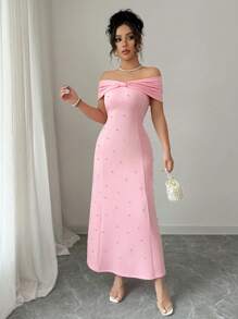 Elenzga Abito elegante da donna con spalle scoperte, fiocco e decorazione in perle sintetiche