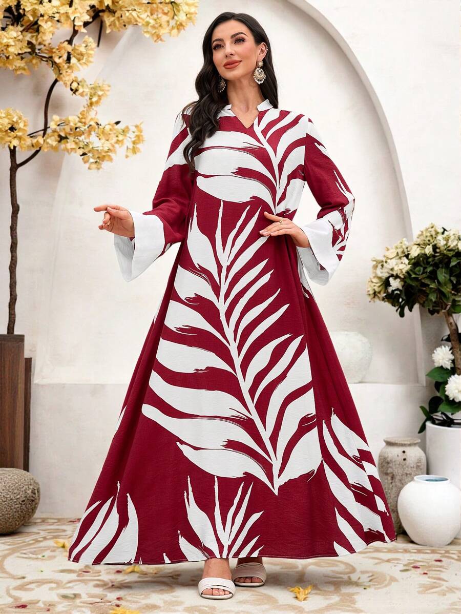 Al Najma Vestito fluido con scollo a V e maniche a zampa per donna, in stile arabo, per primavera/estate, modesto - Multicolore - Visualizzare 1
