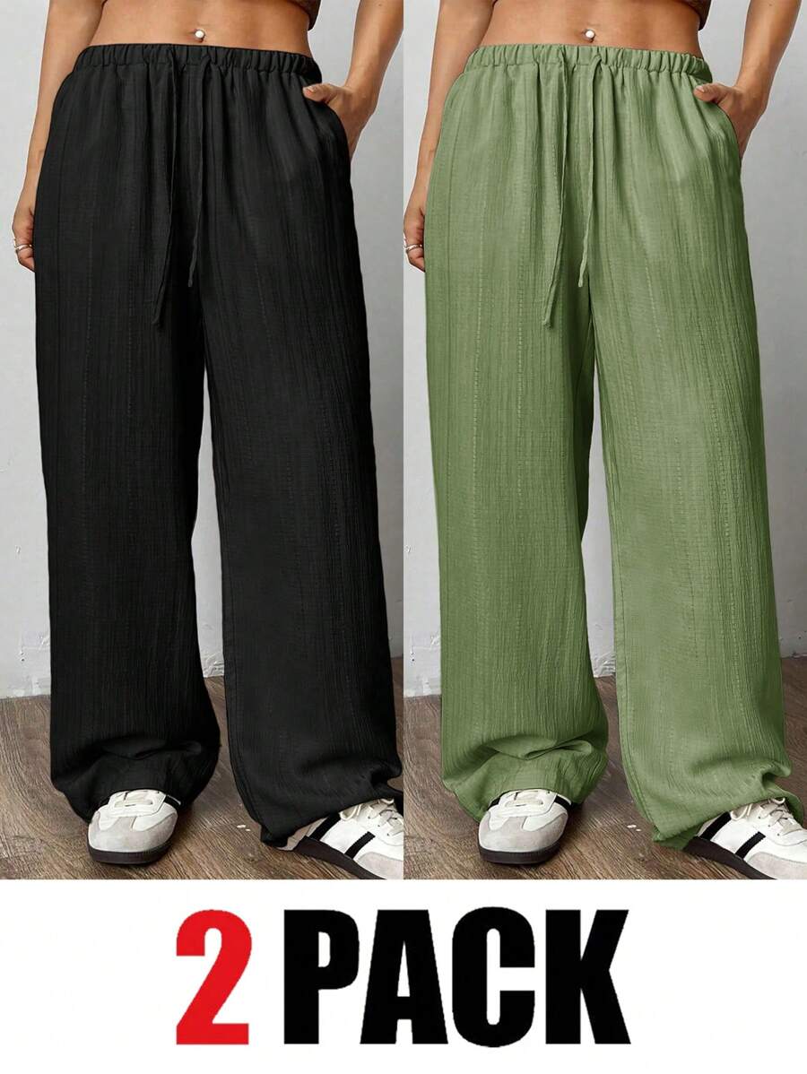 SHEIN EZwear 2pcs/Set Plus Size Women Olive Green & Black Color Pants, Wide Leg Pants For Women, Baggy Pants