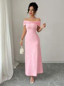 Elenzga Abito elegante da donna con spalle scoperte, fiocco e decorazione in perle sintetiche