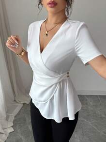 Elenzga 女式夏季休闲/工作纯色裹身不对称下摆衬衫 - 白色 - 查看 4