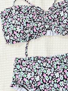 Women Summer Beach Floral Print Sexy Split Bikini Set. Prints Are Random, Ruffles Without Locked Edges. - Multicolor - View 3