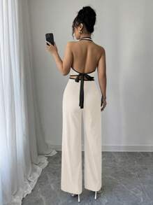 Set de 2 piezas de top sin mangas y pantalones lisos para uso diario de mujeres - Albaricoque - Ver 5