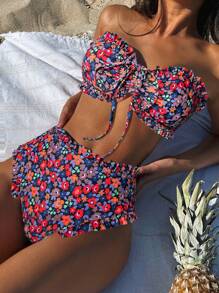 Women's Floral Print Sexy Bandeau Bikini Swimsuit Set, Beach Summer, Random Print Ruffled Edge - Multicolor - View 1