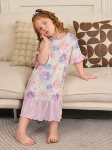 Young Girl' Light Purple Puffed & Ruffled Trim Short Sleeve Ruffle Hem Dress - Mauve Purple - View 5