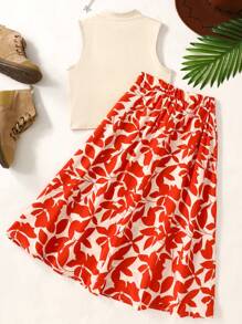 SHEIN Leap Crew Tween Girls Vacation Casual Knit Collared Sleeveless Top & Ditsy Floral Mini Skirt 2-Piece Set - Orange - View 2