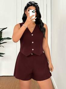 SHEIN EZwear Conjunto de chaleco y pantalones cortos de talla grande de unicolor para uso casual y de viaje, para primavera/verano