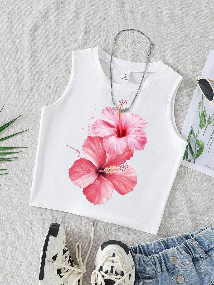 SHEIN Tween Girls Casual 3D Hibiscus Flower Print Round Neck White Vacation Tank Top Summer Tops 12 Cute Summer Tops 9 - White - View 1