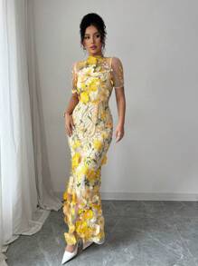 Elenzga Elegant 3D Floral Embroidered Mermaid Dress - Yellow - View 6