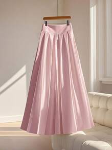 SHEIN Clasi Chân váy chữ A xếp ly cạp cao thời trang dành cho nữ, dáng ôm, màu trơn đơn giản, đa năng, xuân/hè - Hồng - Xem 2